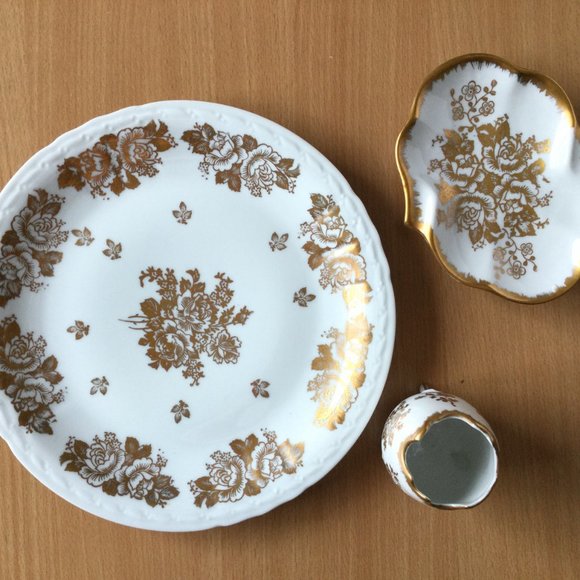 Vintage plates, egg server Porcelain de France gold leaf & flower lot of three - Picture 2 of 8